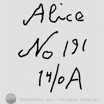 Alice handwritten with lowercase letters over No. 191 and number 14/0 followed by uppercase A