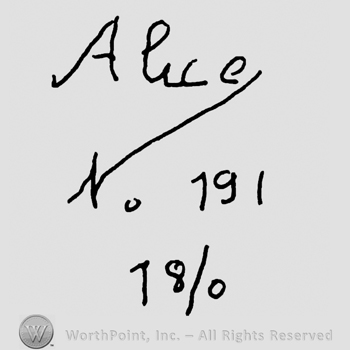 Alice handwritten with lowercase letters over No. 191 and number 18/0