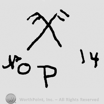 Two crossed forks over No. 14 written on sides, uppercase P written below
