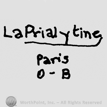 La Prialytine written with lowercase letters, signature-like over Paris written with lowercase letters, 0 (zero) minus uppercase B