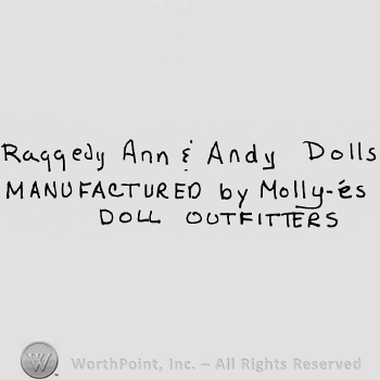 Raggedy Ann & Andy Dolls written with lowercase letters over Manufactured by Molly-es Doll Outfitters written with uppercase letters