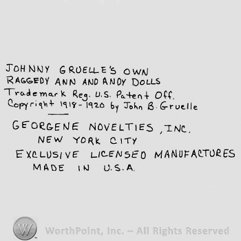 Johnny Gruelle's Own Raggedy Ann and Andy Dolls, Trademark Reg. U.S. Patent Off., Copyright 1918-1920 by John B. Gruelle written with uppercase letters, short vertical line and Georgene Novelties, Inc. New York City Exclusive Licensed Manufactures Made in U.S.A.written below with uppercase letters