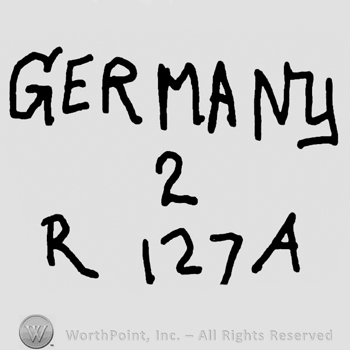 Germany written with uppercase letters over number 2, uppercase R, number 127, uppercase A