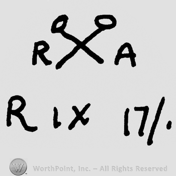 Crossed pins, uppercase R and A on sides over uppercase R, IX and number 11/0