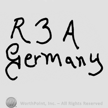 Uppercase R and A framing number 3, Gemany written below with lowercase letters