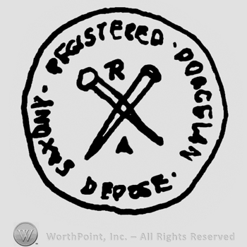 Saxony Registered Porcelain Depose written with uppercase letters around two crossed pins, uppercase R written above and uppercase A written below