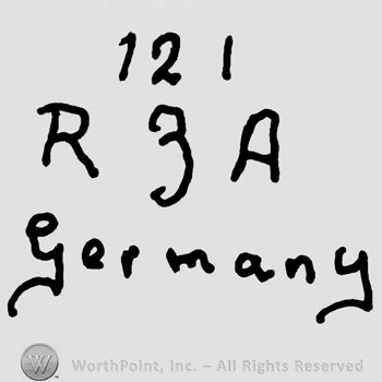 Number 121 over uppercase R, number 3, uppercase A, Germany written below with lowercase letters