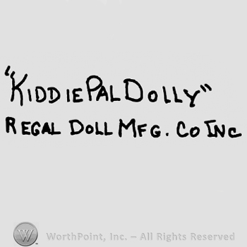 Kiddie Pal Dolly written with uppercase letters between quotation marks, Regal Doll Mfg. Co. Inc written with uppercase letters below