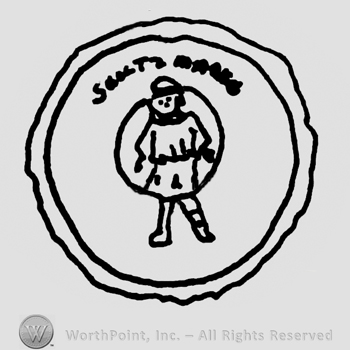 Stylized standing puppet, Schutz Marke written above with uppercase letters, all inside a double-lined circle