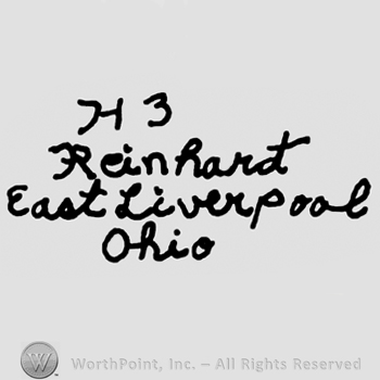 Uppercase H and number 3 over Reinhardt East Liverpool Ohio handwritten with lowercase letters