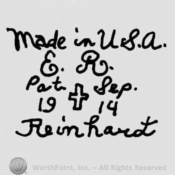 Made in U.S.A. E.R. Pat. Sep. 1914 Reinhardt handwritten with lowercase letters, cross in the middle