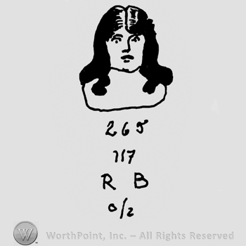 Long-haired puppet head, number 265 and 117 written below, uppercase R and B, number 0 and 1/2