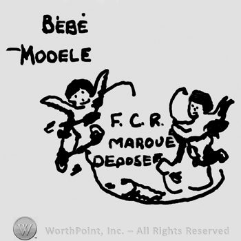 Bebe Modele written with uppercase letters over two baby angels holding a rectangle design with uppercase F.C.R. Marque Deposee