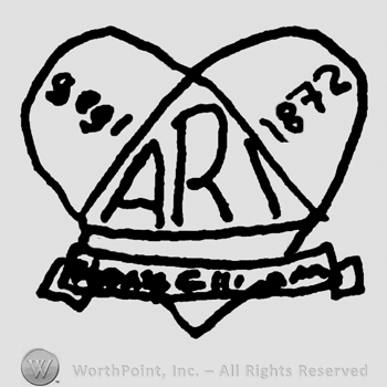 Heart-shaped design, four figure numbers written on sides, uppercase ARI in the center, ribbon with undescifrable writing below