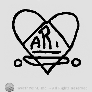 Heart-shaped design, uppercase ARI written in the center, stylized ribbon below