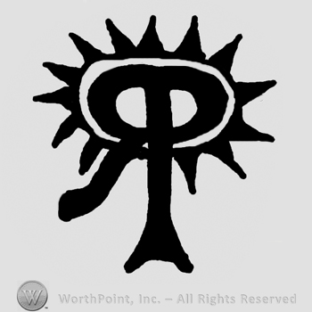 Uppercase stylized entwined RP with radii around