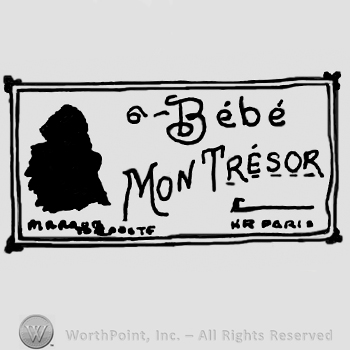 Bebe Mon Tresor written with uppercase letters, complex design on the side, Paris written below with uppercase letters, all inside a rectangular design
