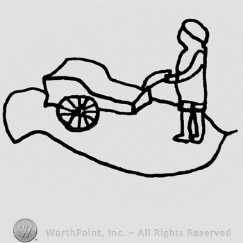 Human figure carrying a two-wheeled cart