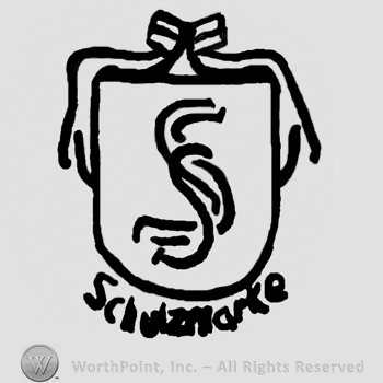 Uppercase double S on a shield with ribbon above, Schutzmarke written below with uppercase letters