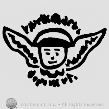 Kid face with wings, undescifrable writings above and below