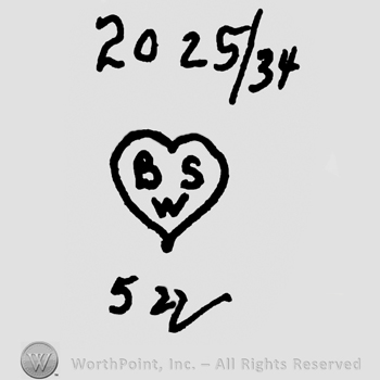 Number 2025 over number 34, a heart with uppercase B, S and W written inside, number 532 written below