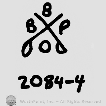 Uppercase B&P and uppercase O written around two crossed swords, all over numbers 2089 minus 4