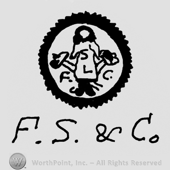 Stylized standing puppet, uppercase SL written on it's clothes, hammer and flower on sides, uppercase F and C on sides, all inside a round design, uppercase F.S. & Co.written below