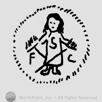 Round dotted design with standing puppet inside, uppercase F, S and C on sides and on the puppet's clothes