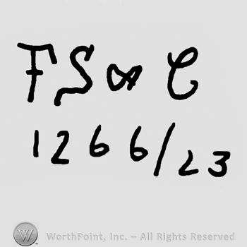 Uppercase handwritten F S & C over numbers 1266/33