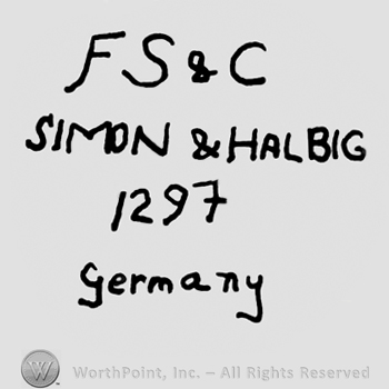 Uppercase FS&C over Simon & Halbig written with uppercase letters, number 1297 and Germany written below with lowercase letters