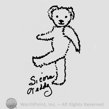 Walking teddybear Sicora Teddy handwritten below with lowercase letters