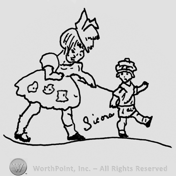 Girl doll pointing to a smaller walking boy doll, Sicora written between them with lowercase letters, both dolls wearing hats