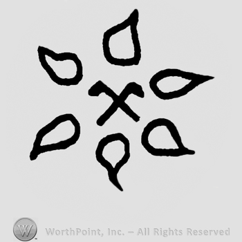 Crossed stylized hammers surrounded by six petal-shaped designs