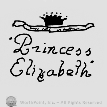 Crown on a ribbon, Princess Elizabeth written below with lowercase letters