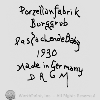 Porzellanfabrik Burggrub Pasfachende Baby written with lowercase letters over number 1930, Made in Germany written with lowercase letters and uppercase DRGM written below