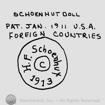 Schoenhut Doll Pat. Jan. 1911 USA & Foreign Countries written with uppercase letters over a circle with uppercase C in the center and H.F. Schoenhut 1913 written around it