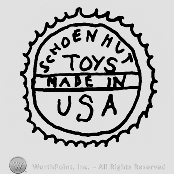 Schoenhut Toys written with uppercase letters on the upper half of a circle, Made in USA written with uppercase letters on the lower half of a circle, all inside a toothed round design
