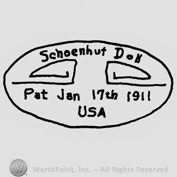 Schoenhut Doll Pat. Jan 17th 1911 USA written with lowercase letters inside an oval shaped design