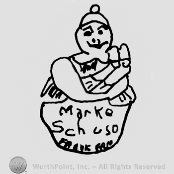 Stylized human with hat, inside an oval recipient, Marke Schoss written with lowercase letters on the recipient