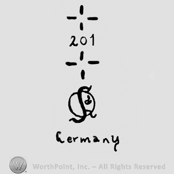 Number 201 with stylized cross above and below, uppercase S over uppercase Q, Germany written below with lowercase letters