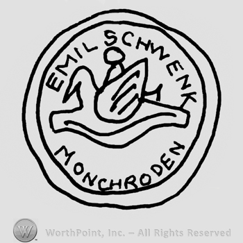 Emil Schwenk Monchroden written with uppercase letters around a stylized man riding a bird, all inside a double-lined circle
