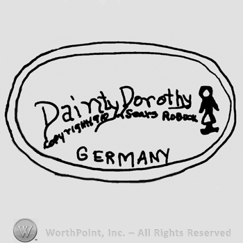 Painty Dorothy written with uppercase letters over Copyright 1910 Sears Robuck written with uppercase letters, Germany written below with uppercase letters, stylized puppet on the right, all inside a double-lined oval