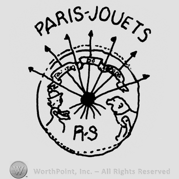 Paris Jouets written with uppercase letters over a round design with girl, dog, ribbon with writings above, uppercase RS and seven arrows arising from the center