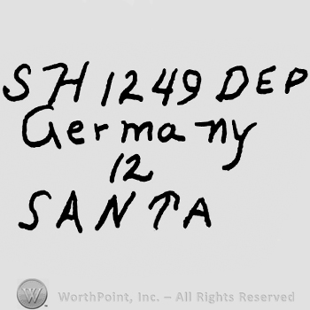 Uppercase SH followed by number 1249 and Dep written with uppercase letters over Germany written with lowercase letters, number 12 and Santa written with uppercase letters below
