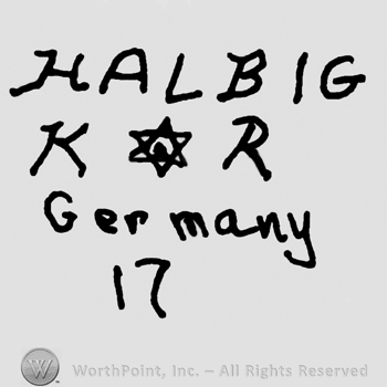 Halbig written with uppercase letters over uppercase KR with the star of David in between, Germany 17 written below with lowercase letters