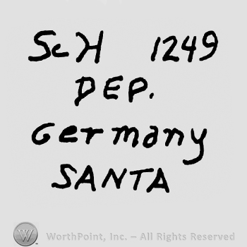 Uppercase S&H followed by number 1249 over Dep written with uppercase letters, Germany written with lowercase letters and Santa written with uppercase letters