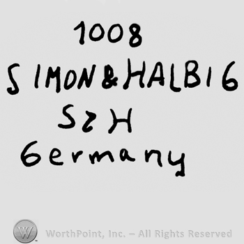 Number 1008 over Simon & Halbig written with uppercase letters, uppercase S&H over Germany written with lowercase letters