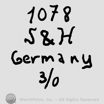 Number 1078 over uppercase S&H, Germany written with lowercase letters over number 3/0