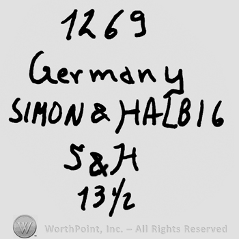 Number 1269 over Germany written with lowercase letters, Simon & Halbig written with uppercase letters over uppercase S&H and number 13 1/2