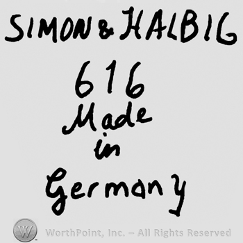 Simon & Halbig written with uppercase letters over number 616, Made in Germany handwritten below with lowercase letters